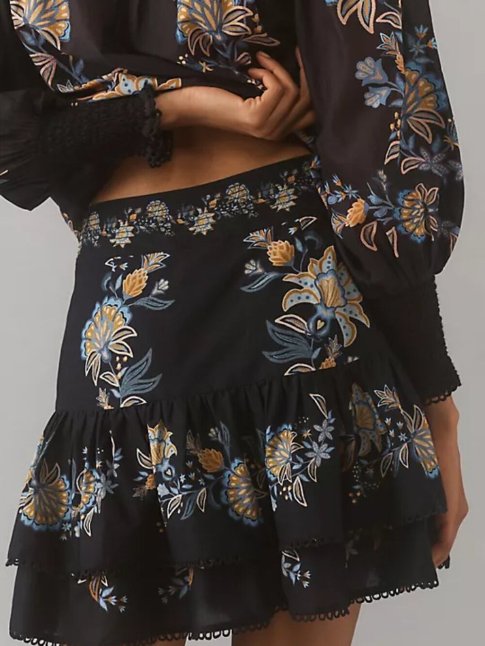 Farm Rio Stitched Garden Mini Skirt Tiered Ruffled Floral Eyelet Black NWT XL - Picture 5 of 8